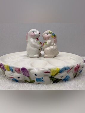 Vintage Mervyn’s Easter Egg Tray with Bunny Salt and Pepper Shakers.